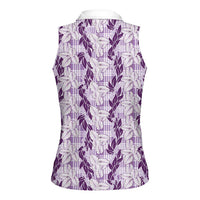 Hawaii Ti Leaf Maile Tuberose Lei Women Sleeveless Polo Shirt With Hanalei Leaf Purple