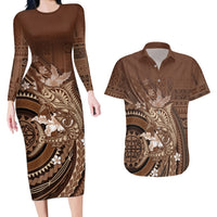 Samoa Tatau Marlin Couples Matching Long Sleeve Bodycon Dress and Hawaiian Shirt With Siapo Motifs Brown LT05 Brown - Polynesian Pride