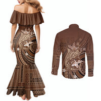 Samoa Tatau Marlin Couples Matching Mermaid Dress and Long Sleeve Button Shirt With Siapo Motifs Brown