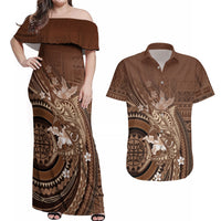 Samoa Tatau Marlin Couples Matching Off Shoulder Maxi Dress and Hawaiian Shirt With Siapo Motifs Brown LT05 Brown - Polynesian Pride