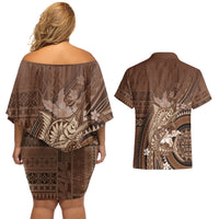 Samoa Tatau Marlin Couples Matching Off Shoulder Short Dress and Hawaiian Shirt With Siapo Motifs Brown LT05 - Polynesian Pride