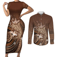 Samoa Tatau Marlin Couples Matching Short Sleeve Bodycon Dress and Long Sleeve Button Shirt With Siapo Motifs Brown LT05 Brown - Polynesian Pride