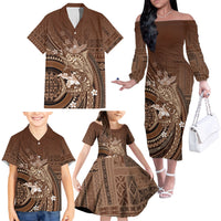 Samoa Tatau Marlin Family Matching Off The Shoulder Long Sleeve Dress and Hawaiian Shirt With Siapo Motifs Brown LT05 - Polynesian Pride