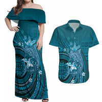 Samoa Tatau Marlin Couples Matching Off Shoulder Maxi Dress and Hawaiian Shirt With Siapo Motifs Teal LT05 Teal - Polynesian Pride