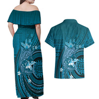 Samoa Tatau Marlin Couples Matching Off Shoulder Maxi Dress and Hawaiian Shirt With Siapo Motifs Teal LT05 - Polynesian Pride