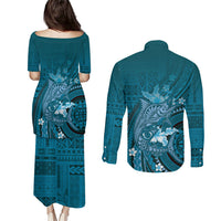 Samoa Tatau Marlin Couples Matching Puletasi and Long Sleeve Button Shirt With Siapo Motifs Teal