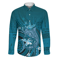 Samoa Tatau Marlin Family Matching Mermaid Dress and Hawaiian Shirt With Siapo Motifs Teal LT05 Dad's Shirt - Long Sleeve Teal - Polynesian Pride