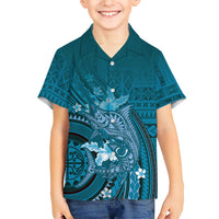 Samoa Tatau Marlin Family Matching Off Shoulder Maxi Dress and Hawaiian Shirt With Siapo Motifs Teal LT05 Son's Shirt Teal - Polynesian Pride