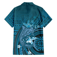 Samoa Tatau Marlin Family Matching Short Sleeve Bodycon Dress and Hawaiian Shirt With Siapo Motifs Teal LT05 - Polynesian Pride