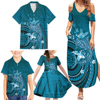 Samoa Tatau Marlin Family Matching Summer Maxi Dress and Hawaiian Shirt With Siapo Motifs Teal LT05 - Polynesian Pride