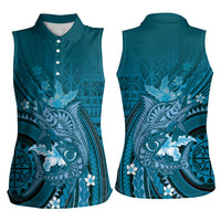 Samoa Tatau Marlin Women Sleeveless Polo Shirt With Siapo Motifs Teal