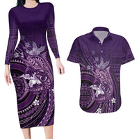 Samoa Tatau Marlin Couples Matching Long Sleeve Bodycon Dress and Hawaiian Shirt With Siapo Motifs Violet LT05 Violet - Polynesian Pride