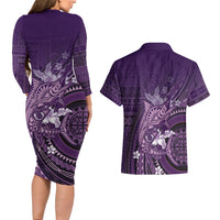 Samoa Tatau Marlin Couples Matching Long Sleeve Bodycon Dress and Hawaiian Shirt With Siapo Motifs Violet LT05 - Polynesian Pride