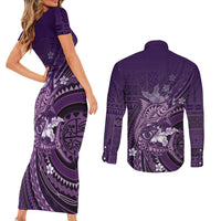 Samoa Tatau Marlin Couples Matching Short Sleeve Bodycon Dress and Long Sleeve Button Shirt With Siapo Motifs Violet LT05 - Polynesian Pride