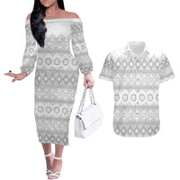 Tonga White Sunday Couples Matching Off The Shoulder Long Sleeve Dress and Hawaiian Shirt Tongan Ngatu Siale Pattern LT05 White - Polynesian Pride