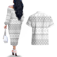 Tonga White Sunday Couples Matching Off The Shoulder Long Sleeve Dress and Hawaiian Shirt Tongan Ngatu Siale Pattern LT05 - Polynesian Pride