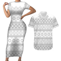 Tonga White Sunday Couples Matching Short Sleeve Bodycon Dress and Hawaiian Shirt Tongan Ngatu Siale Pattern LT05 White - Polynesian Pride