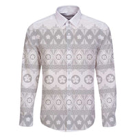 Tonga White Sunday Family Matching Off Shoulder Short Dress and Hawaiian Shirt Tongan Ngatu Siale Pattern LT05 Dad's Shirt - Long Sleeve White - Polynesian Pride