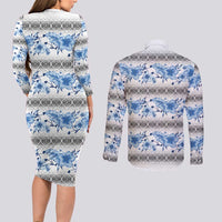 Samoa White Sunday Couples Matching Long Sleeve Bodycon Dress and Long Sleeve Button Shirt Samoan Tapa Blue Hibiscus LT05 - Polynesian Pride