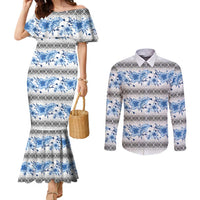 Samoa White Sunday Couples Matching Mermaid Dress and Long Sleeve Button Shirt Samoan Tapa Blue Hibiscus - Polynesian Pride