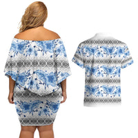Samoa White Sunday Couples Matching Off Shoulder Short Dress and Hawaiian Shirt Samoan Tapa Blue Hibiscus LT05 - Polynesian Pride