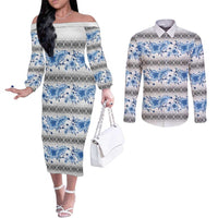 Samoa White Sunday Couples Matching Off The Shoulder Long Sleeve Dress and Long Sleeve Button Shirt Samoan Tapa Blue Hibiscus LT05 Blue - Polynesian Pride