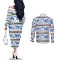 Samoa White Sunday Couples Matching Off The Shoulder Long Sleeve Dress and Long Sleeve Button Shirt Samoan Tapa Blue Hibiscus LT05 - Polynesian Pride