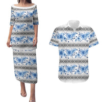Samoa White Sunday Couples Matching Puletasi and Hawaiian Shirt Samoan Tapa Blue Hibiscus - Polynesian Pride
