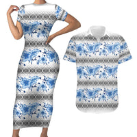 Samoa White Sunday Couples Matching Short Sleeve Bodycon Dress and Hawaiian Shirt Samoan Tapa Blue Hibiscus LT05 Blue - Polynesian Pride