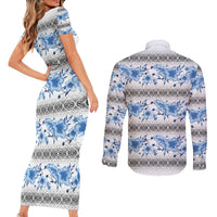Samoa White Sunday Couples Matching Short Sleeve Bodycon Dress and Long Sleeve Button Shirt Samoan Tapa Blue Hibiscus LT05 - Polynesian Pride