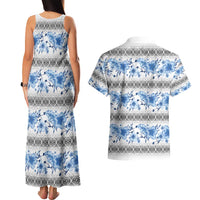 Samoa White Sunday Couples Matching Tank Maxi Dress and Hawaiian Shirt Samoan Tapa Blue Hibiscus LT05 - Polynesian Pride
