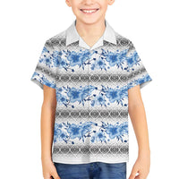 Samoa White Sunday Family Matching Long Sleeve Bodycon Dress and Hawaiian Shirt Samoan Tapa Blue Hibiscus LT05 Son's Shirt Blue - Polynesian Pride