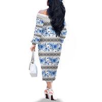 Samoa White Sunday Family Matching Off The Shoulder Long Sleeve Dress and Hawaiian Shirt Samoan Tapa Blue Hibiscus LT05 - Polynesian Pride