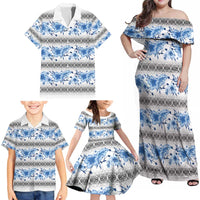 Samoa White Sunday Family Matching Off Shoulder Maxi Dress and Hawaiian Shirt Samoan Tapa Blue Hibiscus LT05 - Polynesian Pride