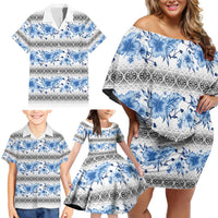 Samoa White Sunday Family Matching Off Shoulder Short Dress and Hawaiian Shirt Samoan Tapa Blue Hibiscus LT05 - Polynesian Pride