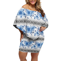 Samoa White Sunday Family Matching Off Shoulder Short Dress and Hawaiian Shirt Samoan Tapa Blue Hibiscus LT05 Mom's Dress Blue - Polynesian Pride