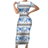 Samoa White Sunday Family Matching Short Sleeve Bodycon Dress and Hawaiian Shirt Samoan Tapa Blue Hibiscus LT05 Mom's Dress Blue - Polynesian Pride