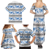 Samoa White Sunday Family Matching Summer Maxi Dress and Hawaiian Shirt Samoan Tapa Blue Hibiscus LT05 - Polynesian Pride