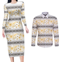 Samoa White Sunday Couples Matching Long Sleeve Bodycon Dress and Long Sleeve Button Shirt Samoan Tapa Yellow Hibiscus LT05 Yellow - Polynesian Pride
