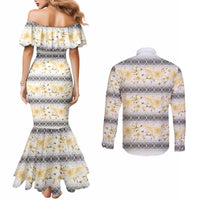 Samoa White Sunday Couples Matching Mermaid Dress and Long Sleeve Button Shirt Samoan Tapa Yellow Hibiscus LT05 - Polynesian Pride