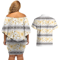 Samoa White Sunday Couples Matching Off Shoulder Short Dress and Hawaiian Shirt Samoan Tapa Yellow Hibiscus LT05 - Polynesian Pride