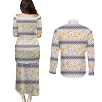 Samoa White Sunday Couples Matching Puletasi and Long Sleeve Button Shirt Samoan Tapa Yellow Hibiscus - Polynesian Pride