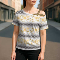 Samoa White Sunday Cross Shoulder Shirt Samoan Tapa Yellow Hibiscus - Polynesian Pride