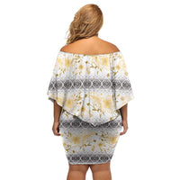 Samoa White Sunday Family Matching Off Shoulder Short Dress and Hawaiian Shirt Samoan Tapa Yellow Hibiscus LT05 - Polynesian Pride