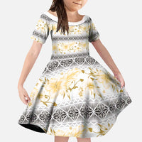 Samoa White Sunday Family Matching Tank Maxi Dress and Hawaiian Shirt Samoan Tapa Yellow Hibiscus LT05 Daughter's Dress Yellow - Polynesian Pride