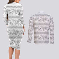 Samoa White Sunday Couples Matching Long Sleeve Bodycon Dress and Long Sleeve Button Shirt Samoan Tapa White Hibiscus LT05 - Polynesian Pride