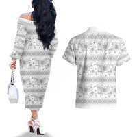 Samoa White Sunday Couples Matching Off The Shoulder Long Sleeve Dress and Hawaiian Shirt Samoan Tapa White Hibiscus LT05 - Polynesian Pride