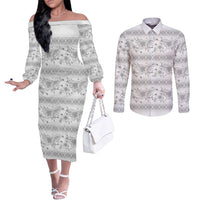 Samoa White Sunday Couples Matching Off The Shoulder Long Sleeve Dress and Long Sleeve Button Shirt Samoan Tapa White Hibiscus LT05 White - Polynesian Pride