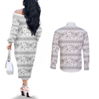 Samoa White Sunday Couples Matching Off The Shoulder Long Sleeve Dress and Long Sleeve Button Shirt Samoan Tapa White Hibiscus LT05 - Polynesian Pride