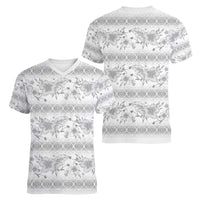 Samoa White Sunday Women V-Neck T-Shirt Samoan Tapa White Hibiscus - Polynesian Pride